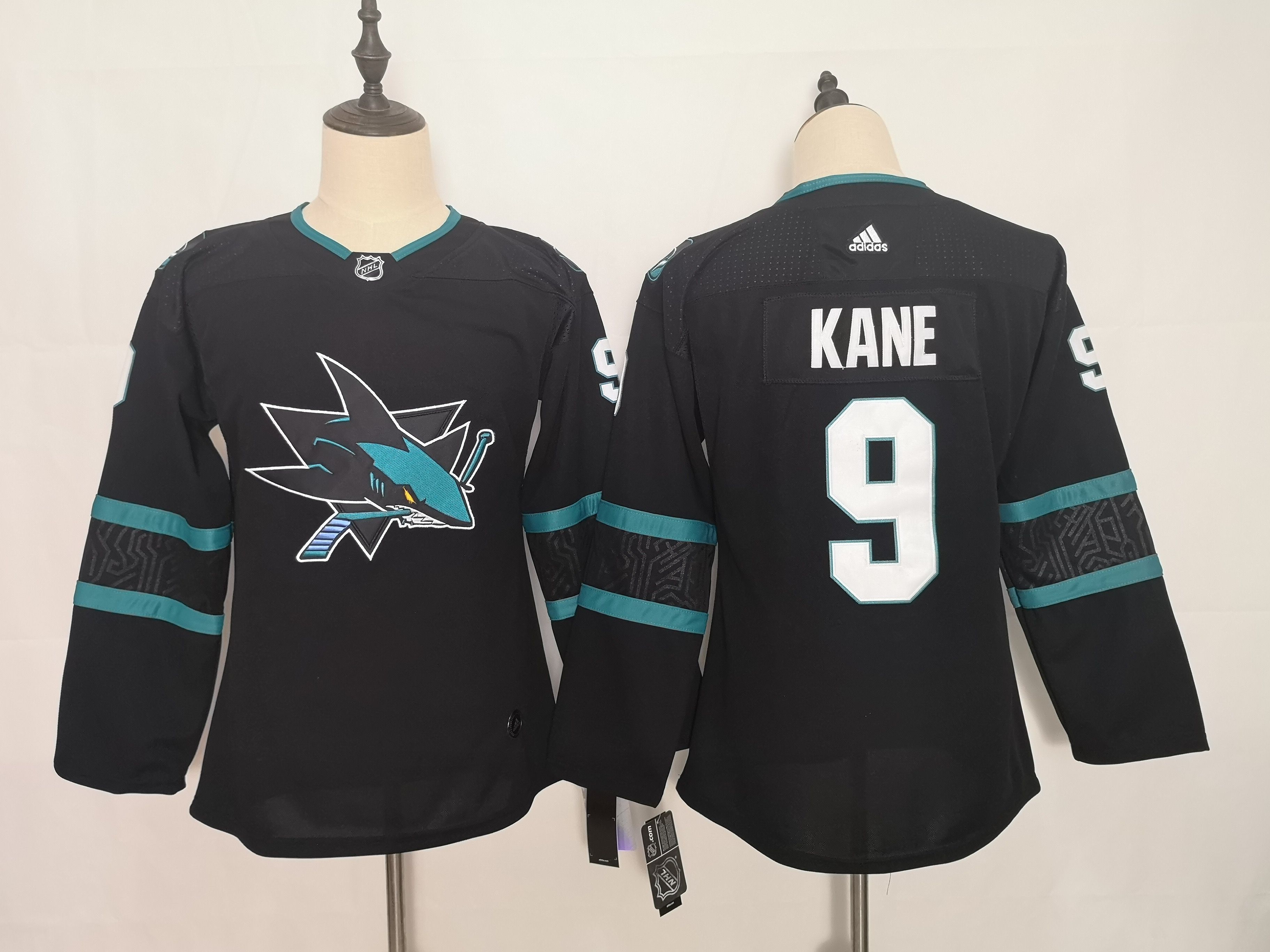 Women San Jose Sharks #9 Kane Black Adidas Stitched NHL Jersey->women nhl jersey->Women Jersey